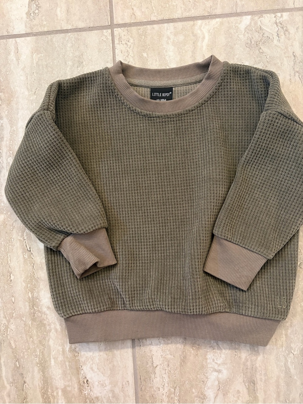 Little Bipsy Olive Green Waffle-Knit Crewneck Sweater